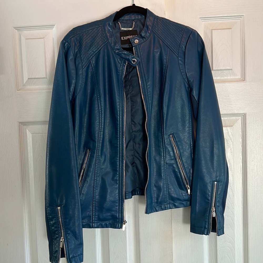 Express mixed material faux leather moto jacket